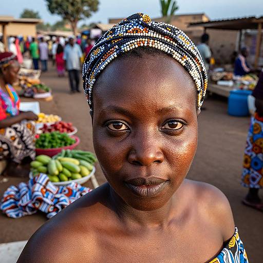 Close-up photograph of an African woman with dark skin, wearing a beaded headband and patterned off-shoulder dress, standing in a vibrant