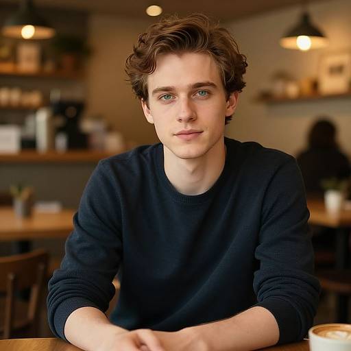 Photograph of a young, fair-skinned man with brown, wavy hair, blue eyes, wearing a black sweater, sitting at a café table