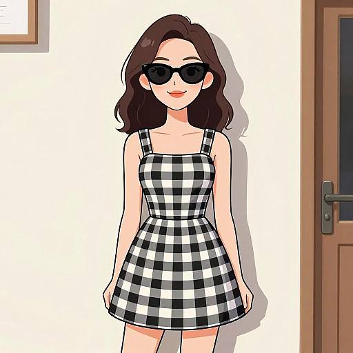Digital anime-style drawing of a smiling woman with wavy brown hair, wearing black-and-white checkered dress and black sunglasses, standing in front of a