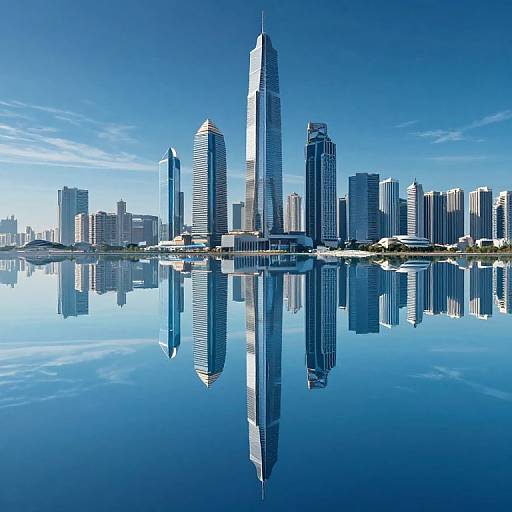 Photograph of a modern city skyline reflected in a calm, blue water body under a clear, bright blue sky.