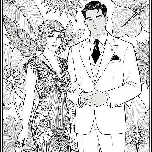 Black-and-white line drawing of a glamorous couple in vintage attire, surrounded by large flowers. The woman wears a detailed dress, the man a suit with