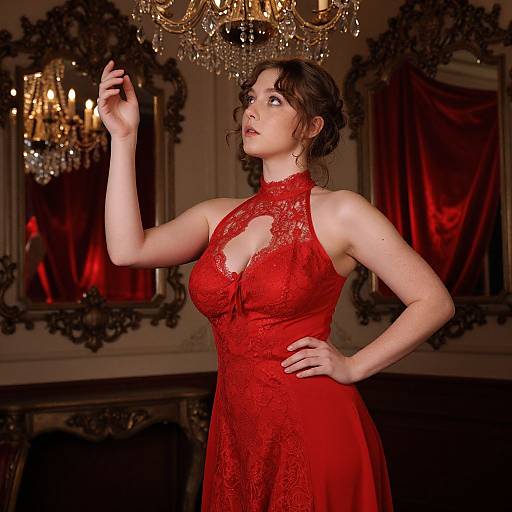 Photograph of a fair-skinned woman with dark hair in a red lace halter dress, raising her hand under a chandelier in an ornate