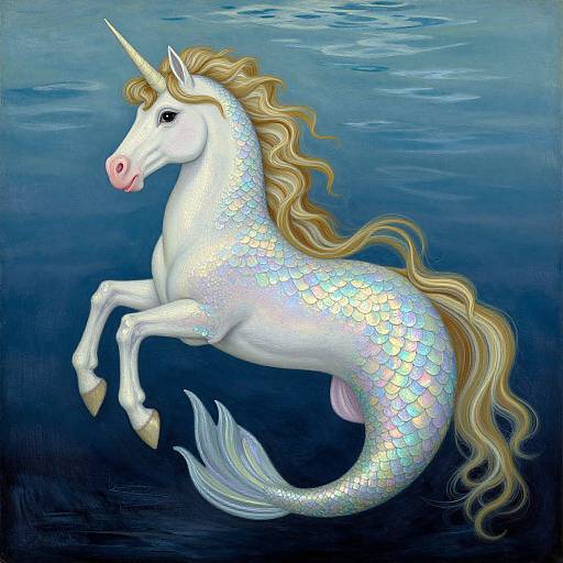 Digital painting of a mythical, shimmering white unicorn with iridescent scales, flowing golden mane, and tail, leaping underwater in a blue,