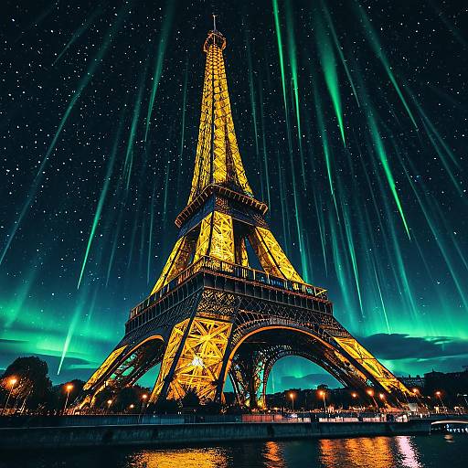 Eiffel Tower with Surreal Aurora Lights