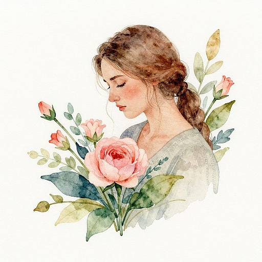 Watercolor illustration of a serene young woman with brown braided hair, wearing a light blue shirt, gently gazing at pink roses and green leaves.