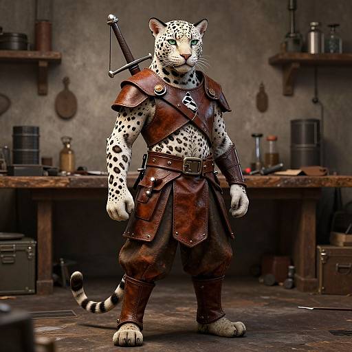 CGI image of a muscular, anthropomorphic leopard warrior in brown leather armor, standing in a rustic, medieval workshop with shelves and tools.