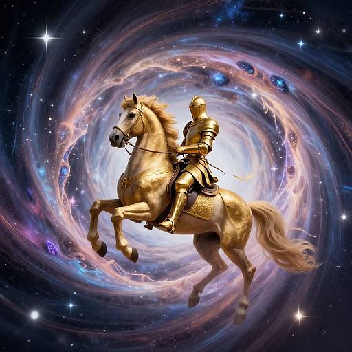 Golden Knight Riding Toward Cosmic Vortex