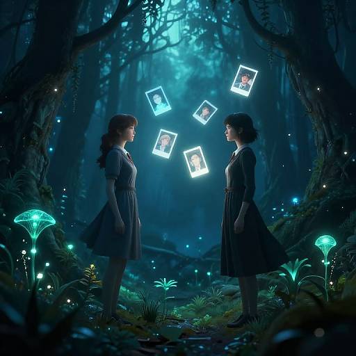 Digital fantasy artwork of two women in dark dresses facing each other in a bioluminescent forest, surrounded by glowing mushrooms and floating photos.
