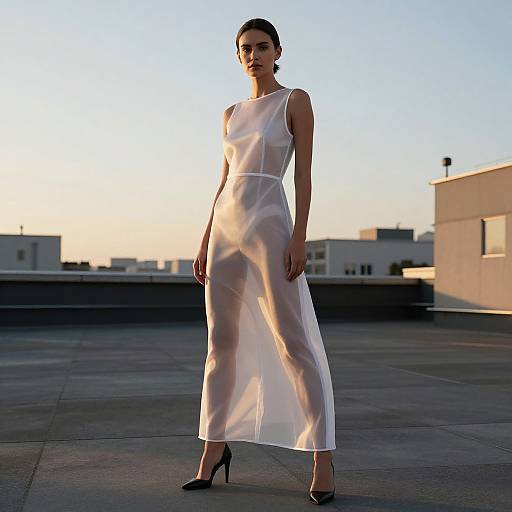 Photograph of a slender woman with dark hair, wearing a sheer white sleeveless dress and black heels, standing on a rooftop at sunset.