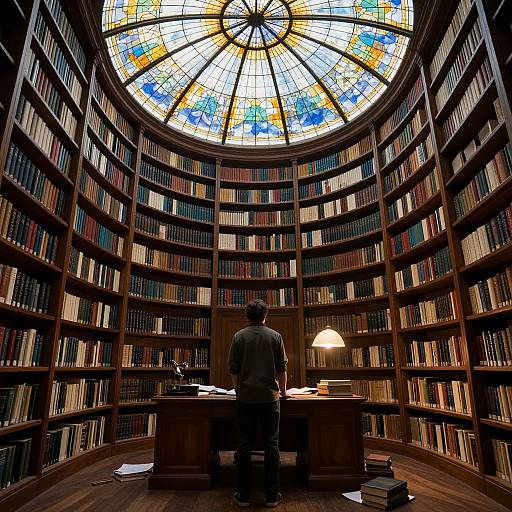 Photograph of a man in a dark jacket standing in front of a wooden desk in a grand, circular library with stained-glass dome, surrounded by