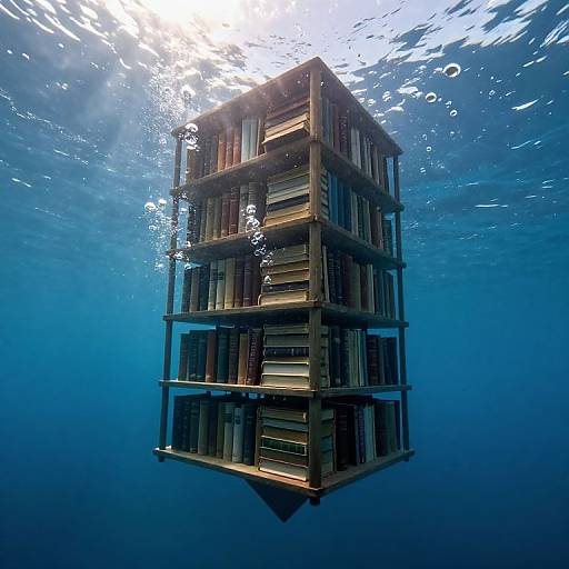 Photograph of a sunlit, multi-story wooden building with balconies and stairs, floating underwater in a deep blue ocean. Sunbeams penetrate the