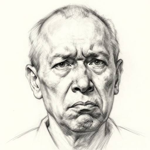Black-and-white pencil sketch of a middle-aged man with a bald head, wrinkled forehead, and a serious expression, set against a plain white background