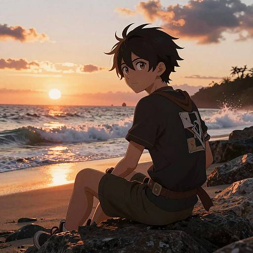 Dramatic Sunset Beach Anime Scene