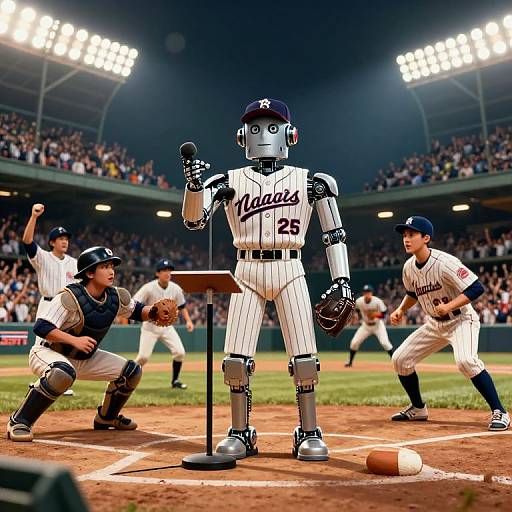 Photograph of a robot in a pinstriped baseball uniform, standing at home plate with a microphone, surrounded by real players in a crowded stadium