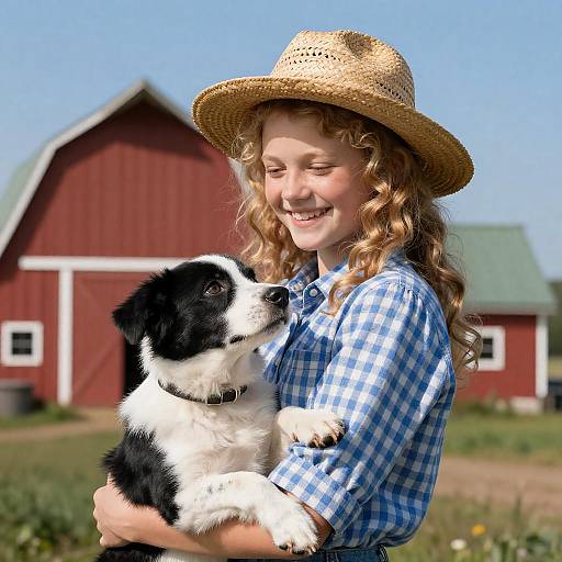 Charming Girl and Her Dog on a Farm