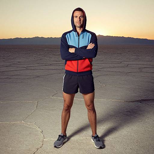 Photograph of a muscular, tan-skinned man with brown hair, in a blue-black-red hoodie, black shorts, and gray sneakers, standing confidently