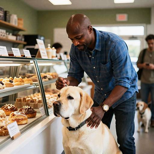 Man Petting Dog at Bakery Counter