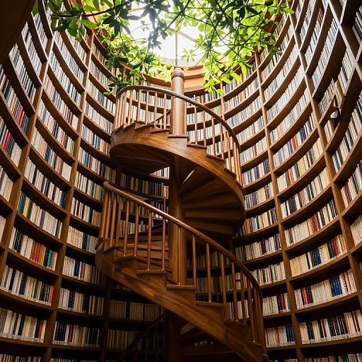 Photograph of a wooden spiral staircase in the center of a circular library with bookshelves on all walls, sunlight filtering through leafy branches above.