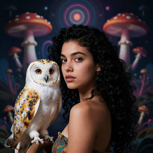 Girl with White Owl and Psychedelic Background