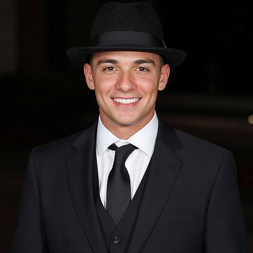 Photograph of a smiling young man in a black suit, white shirt, black tie, and black bowler hat, against a dark background.