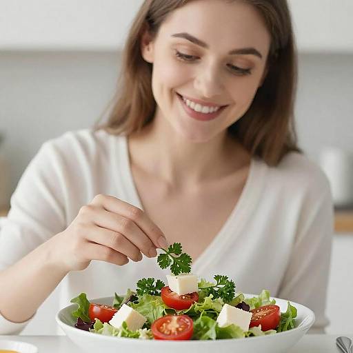 Cheerful Woman Preparing a Colorful Salad