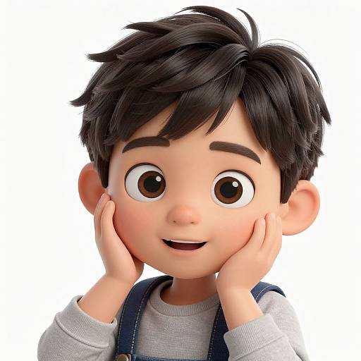 3D CGI cartoon boy with large brown eyes, black messy hair, gray shirt, blue suspenders, smiling, hands on cheeks, white background.