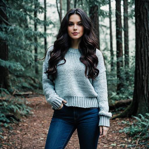 Woman in Cozy Sweater and Jeans in Forest