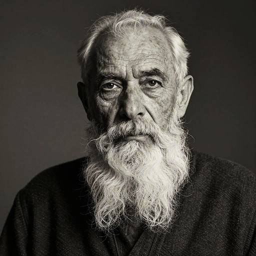 Black-and-white photograph of an elderly man with a long, white, wavy beard and deep wrinkles, wearing a dark robe, against a dark background