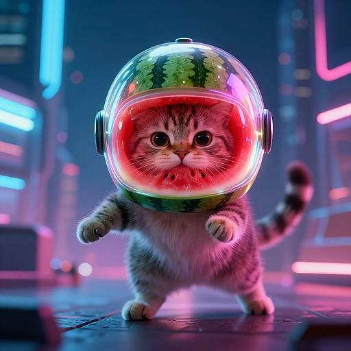 Cyberpunk Cat with Watermelon Helmet