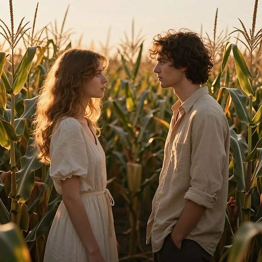 Photograph of a curly-haired woman in a white dress and a curly-haired man in a beige shirt standing in a sunlit cornfield, facing each
