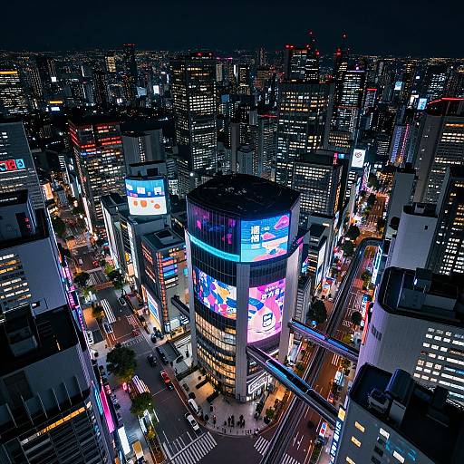 Aerial photograph of a vibrant, neon-lit cityscape at night, showcasing tall buildings with colorful digital billboards and illuminated streets below.