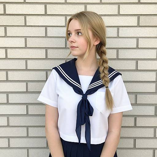 Photograph of a young blonde girl with a braid, wearing a white sailor uniform with a black necktie, standing against a white brick wall.