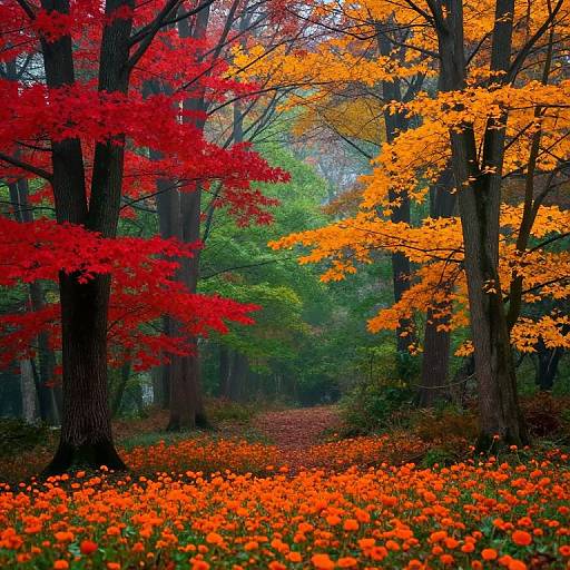 Photograph of a vibrant forest path lined with tall trees, featuring red and orange leaves, and carpeted with bright orange wildflowers.