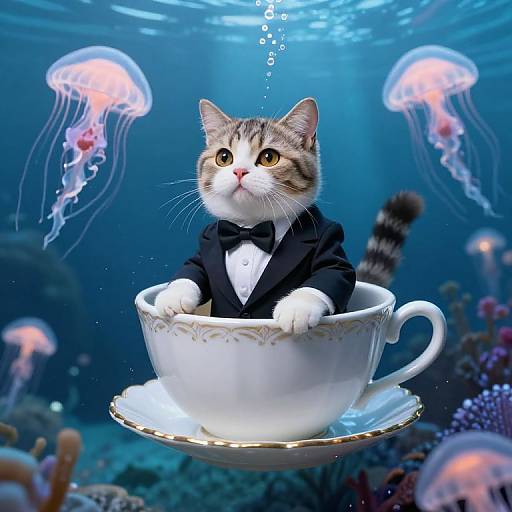Cat in Tuxedo in Teacup Submarine Underwater