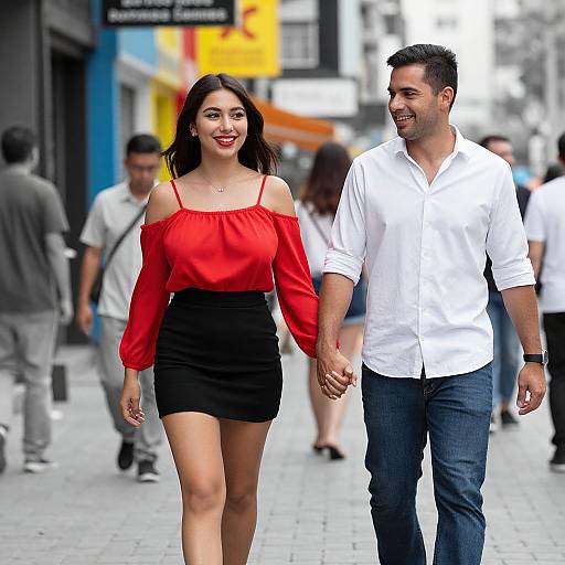 Photograph of a smiling Asian woman in a red off-shoulder top and black skirt, holding hands with a bearded man in a white shirt