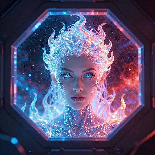 Digital artwork of a glowing, ethereal woman with blue and pink fire-like hair, set against a cosmic background, framed in a hexagonal window.