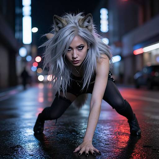 Digital artwork of a fierce, silver-haired, wolf-eared woman in black leather, crouching on a neon-lit, rain-soaked street