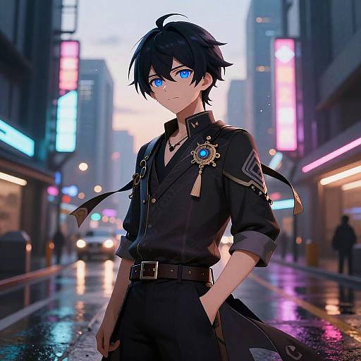 Digital anime-style drawing of a handsome, blue-eyed young man with black hair, wearing a black outfit with a blue gem brooch, standing in a