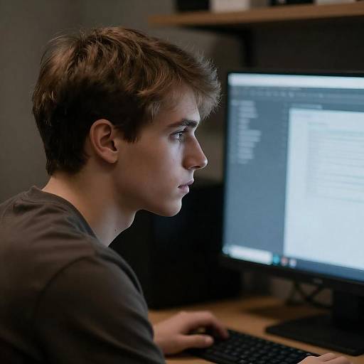 Young Man Focused on Computer Screen