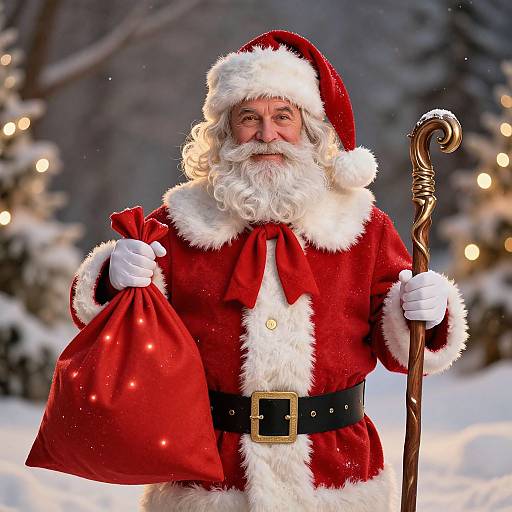 Photograph of a Santa Claus with a white beard and curly hair, holding a red sack and a wooden staff, in a snowy, illuminated forest.