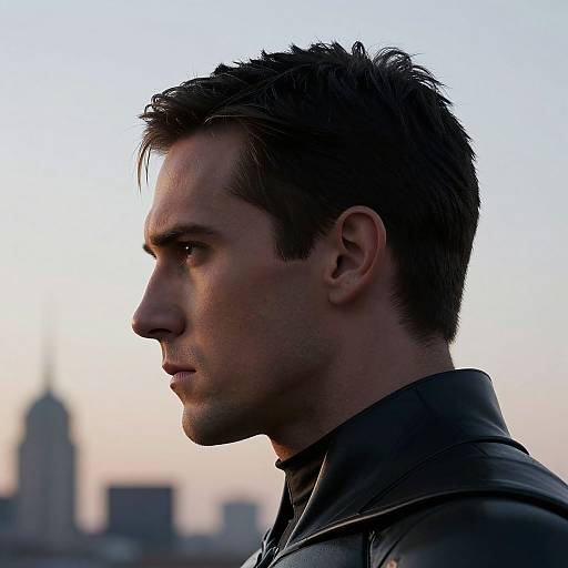 Photograph of a serious-looking man in profile, wearing a black leather jacket, against a blurred city skyline at dusk.