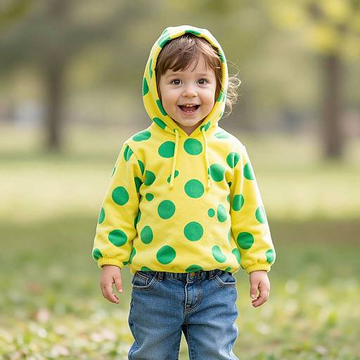 Photograph of a smiling toddler with brown hair, wearing a yellow hoodie with green polka dots and blue jeans, standing in a sunlit, grass