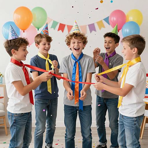 Photograph of six teenage boys in party hats and colorful scarves cutting a red ribbon, surrounded by balloons and confetti.