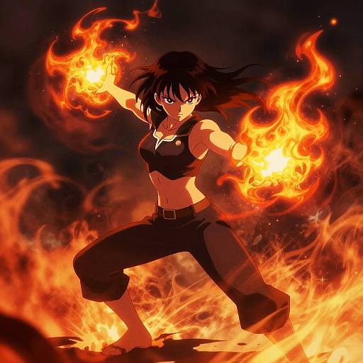 Digital anime-style drawing of a fierce, black-haired woman with glowing orange flames in her outstretched hands and around her feet. She wears a black