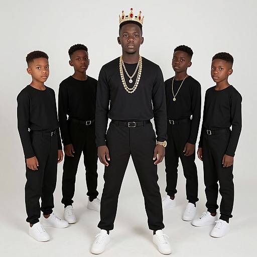 Photograph of six Black men in black outfits, white sneakers, standing in a line with central figure wearing a gold crown and necklace.