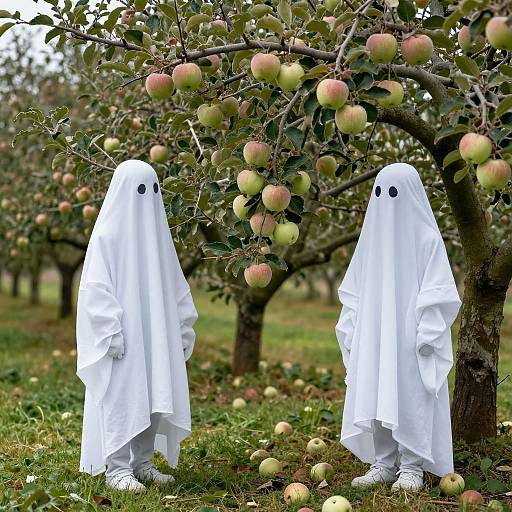 Photograph of two people in white ghost costumes with black eyes, standing in an apple orchard with lush green grass and apple trees laden with red and