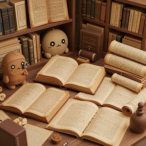 Photograph of a cozy library corner with open books, wooden bookshelves, two cute stuffed animals, and a warm, sepia-toned glow