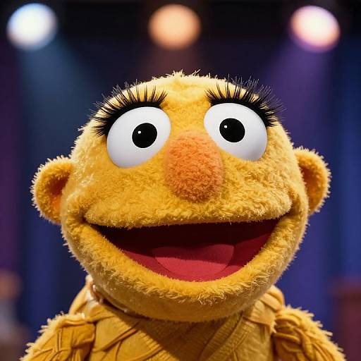 Close-up photograph of Kermit the Frog, Muppet character, with yellow fur, large white eyes with black pupils, long black eyelashes, and