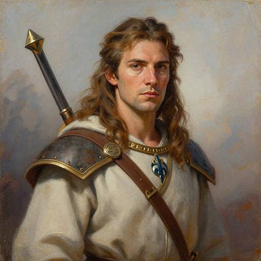 Digital painting of a stern, long-haired young man in medieval armor with a sword, blue pendant, and light beige tunic.
