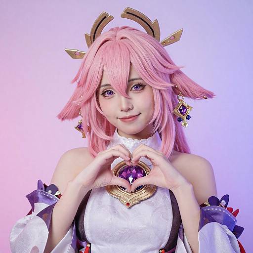 Pastel Pink Hair Cosplayer Heart Gesture